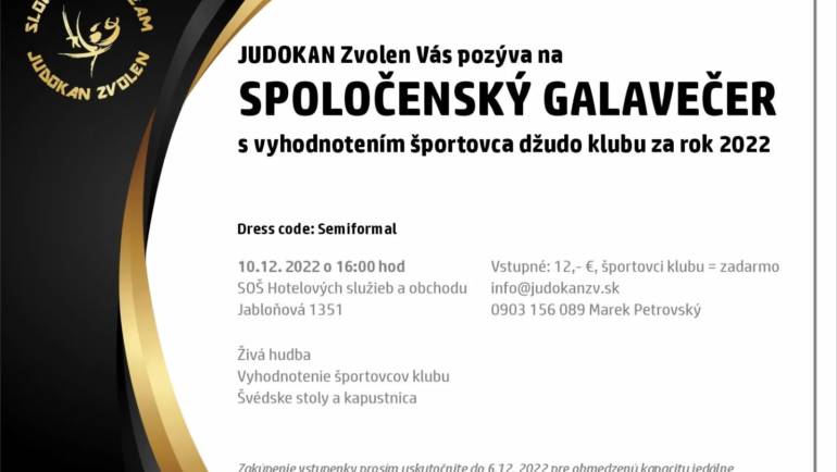 Spoločenský Galavečer s vyhodnotením športovca klubu JUDO KAN Zvolen za rok 2022